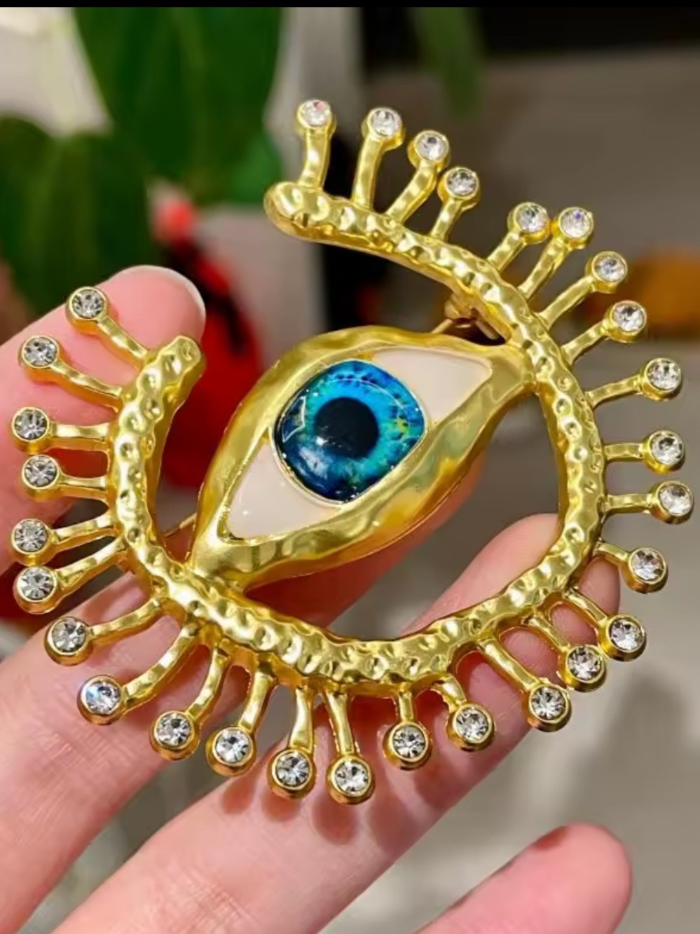 Anthropologie Gold-Tone Brooch with Blue Eye and Crystal Accents